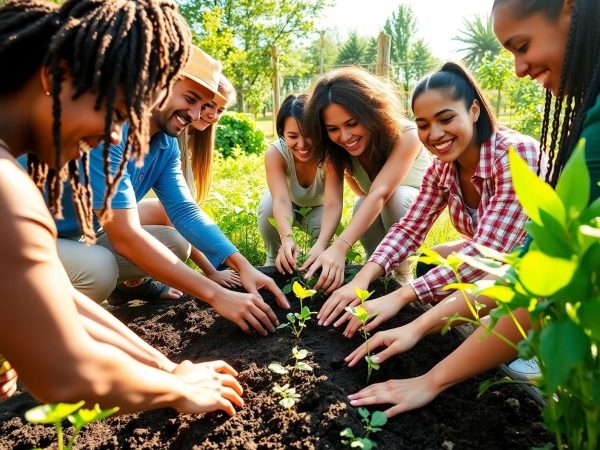 Oameni zâmbitori participând la un proiect comunitar.